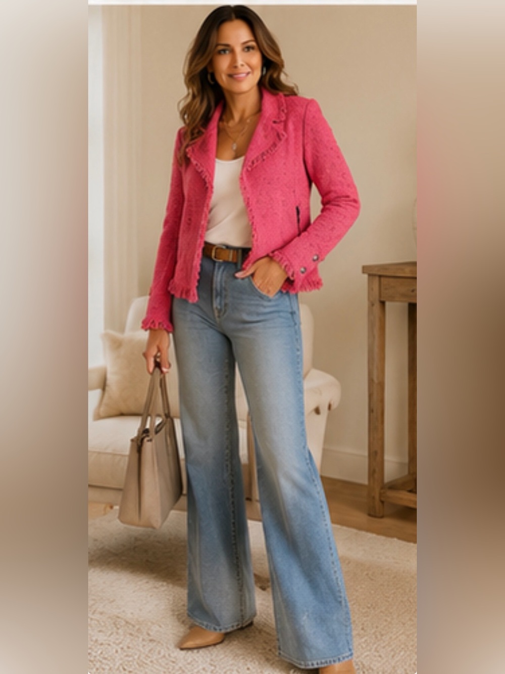 Nic+Zoe‎ Womens Pink Textured Knit Fringe Trim Open Front Jacket Size M RN93093